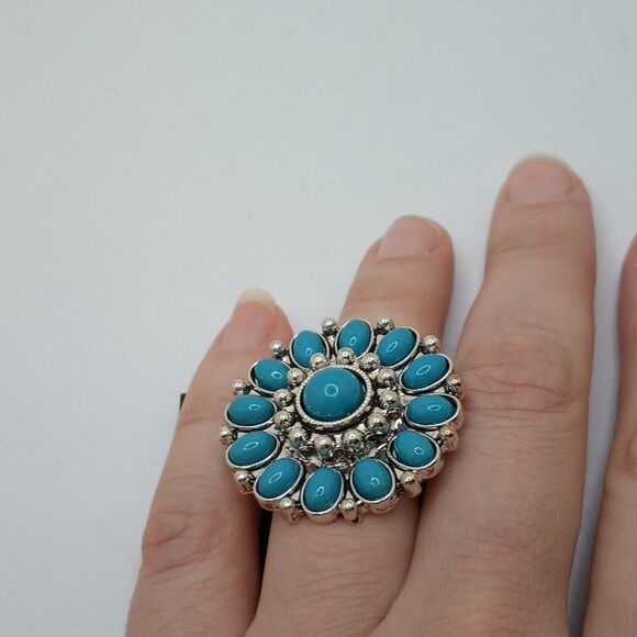 CHUNKY silver turquoise flower mandala boho ring - Picture 6 of 8